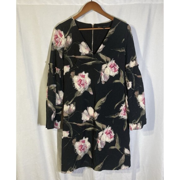 WHITE HOUSE BLACK MARKET black pink floral v-neck bell sleeves shift dress 4 - Picture 1 of 10